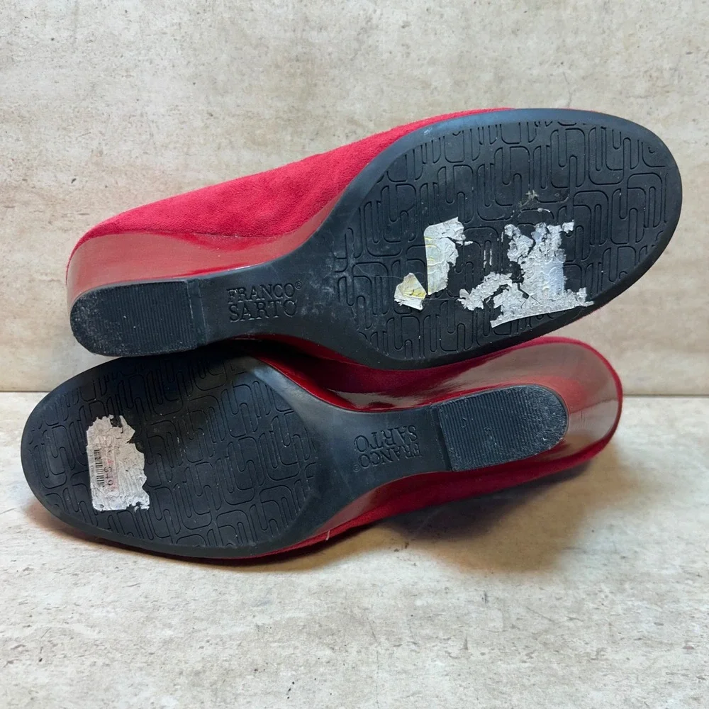 Franco Sarto Red Suede Mary Jane Wedge Pumps Whipstitch 10M L-SIRUP